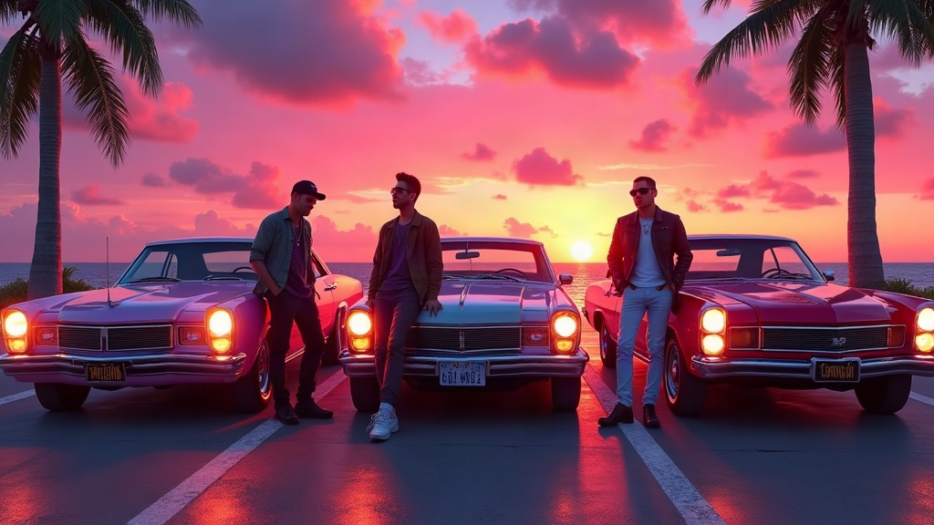 Original artwork: a crew leaning on classic cars at sunset